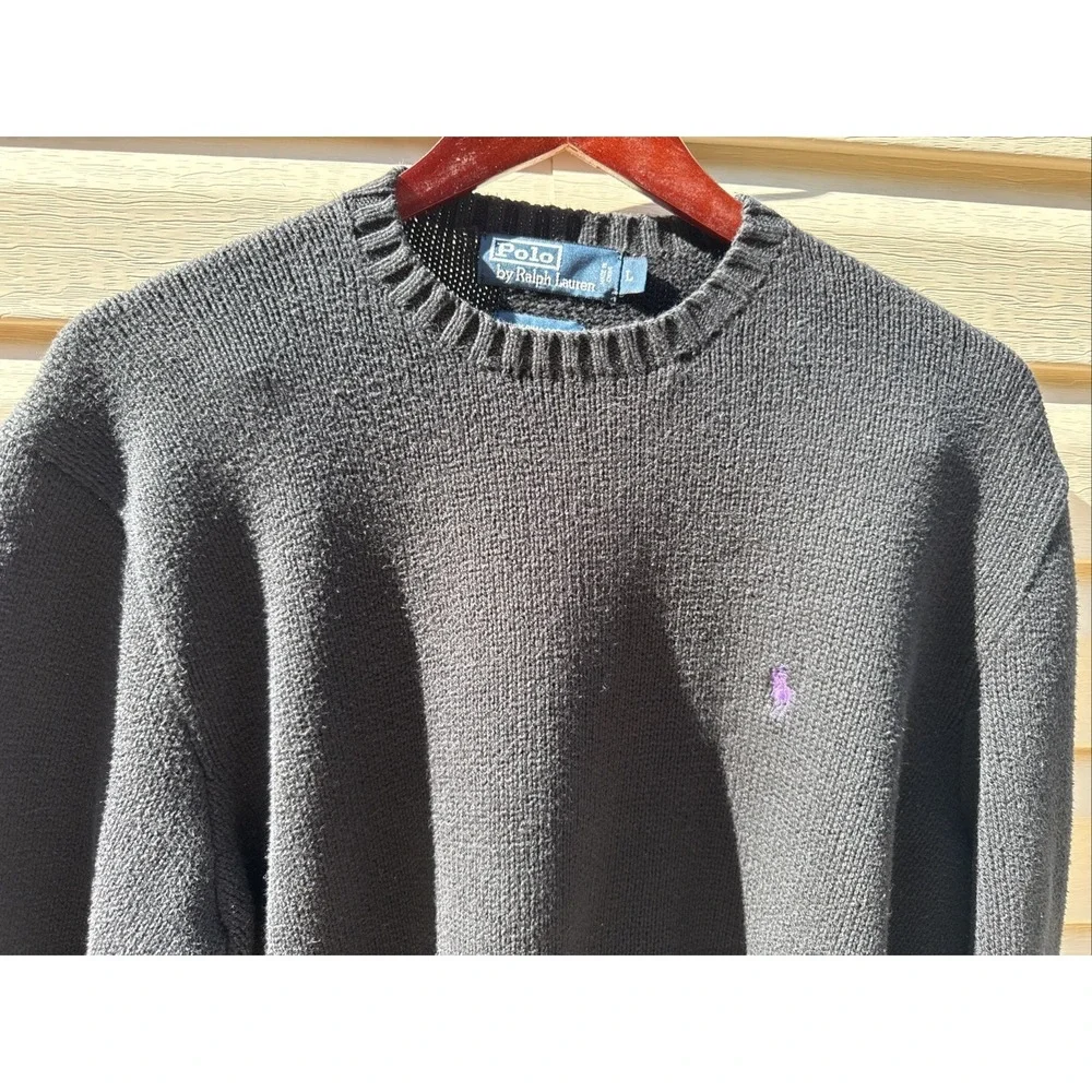 VTG Polo Ralph Lauren Sweater Mens Large Black Crewneck Pima Cotton Purple Pony